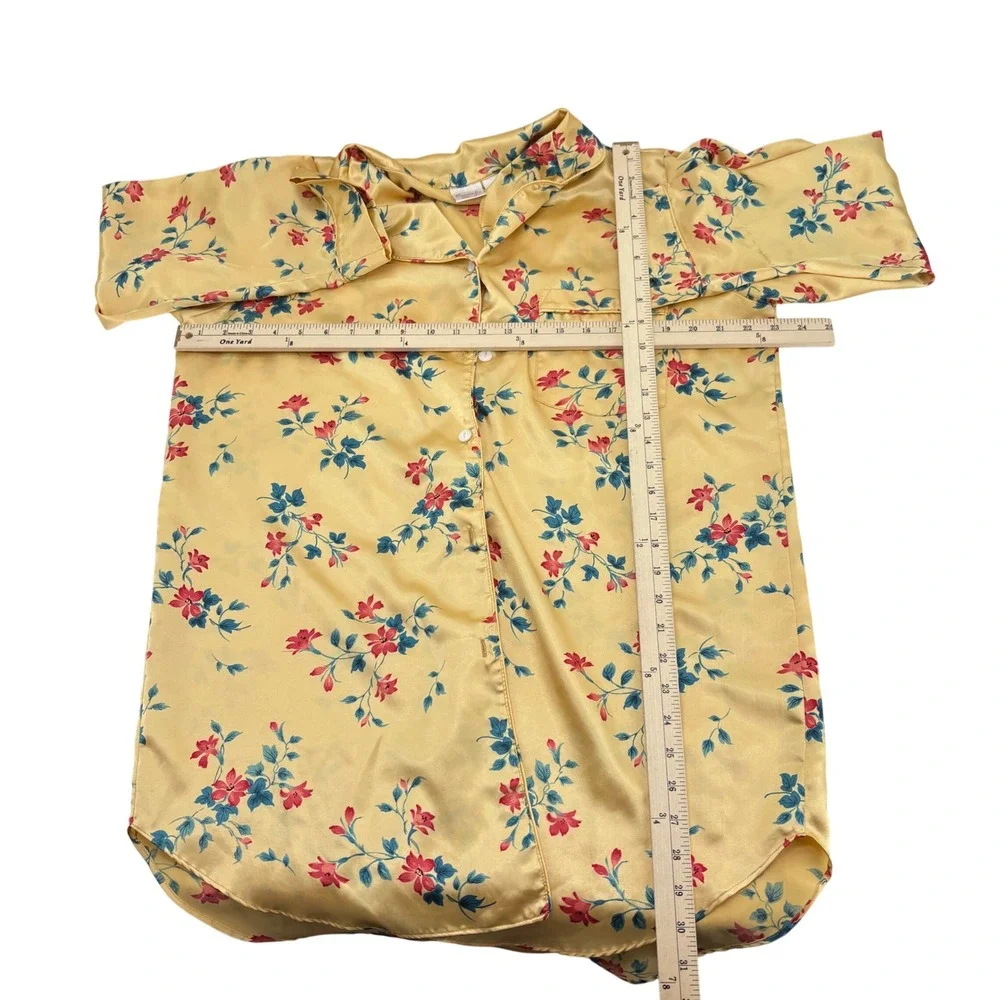 Romantic Moods Yellow Floral‎ Satin Sleep Shirt Button Front Nightgown Large